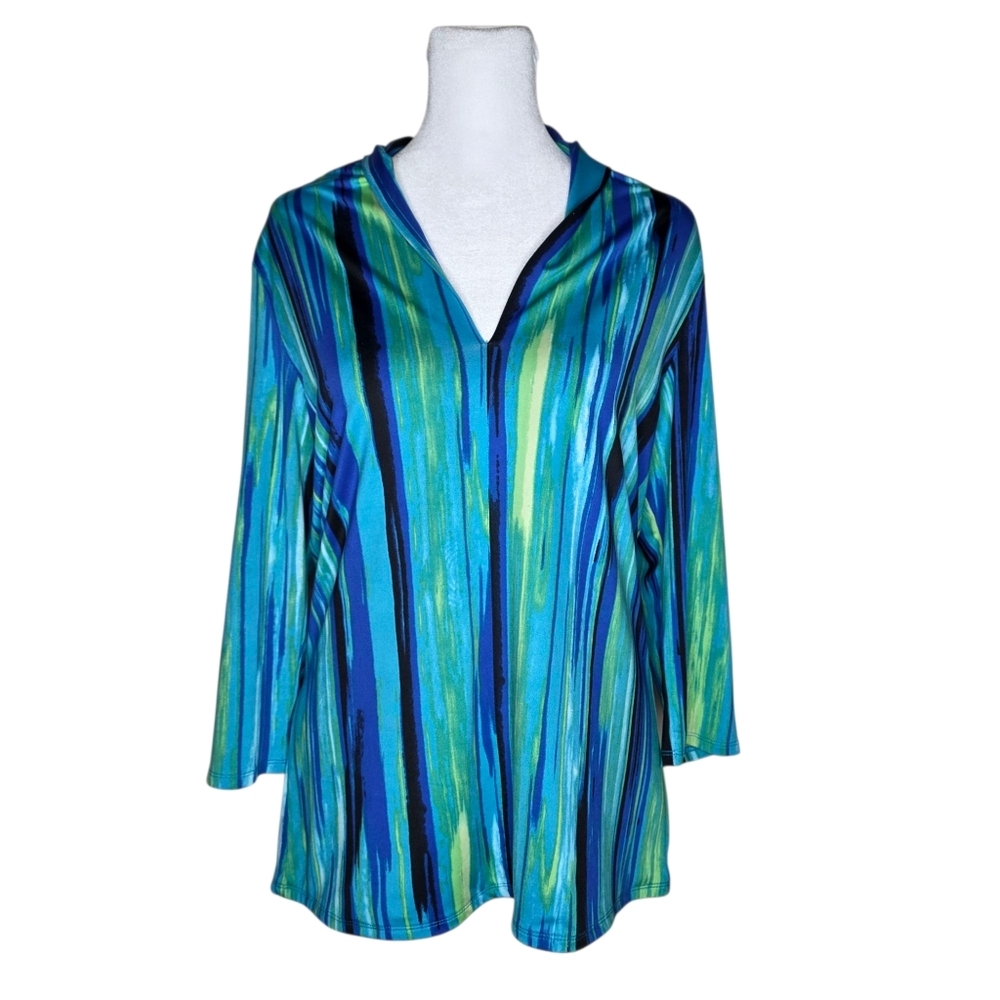 Grace Womens Blue Green Blouse V Neck Geometric Top Size Large